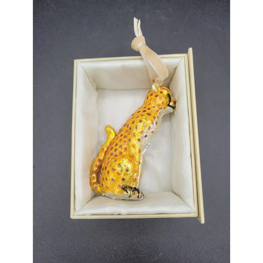 Cloisonné Cat Cheetah Leopard Ornament Gold Red 4.5